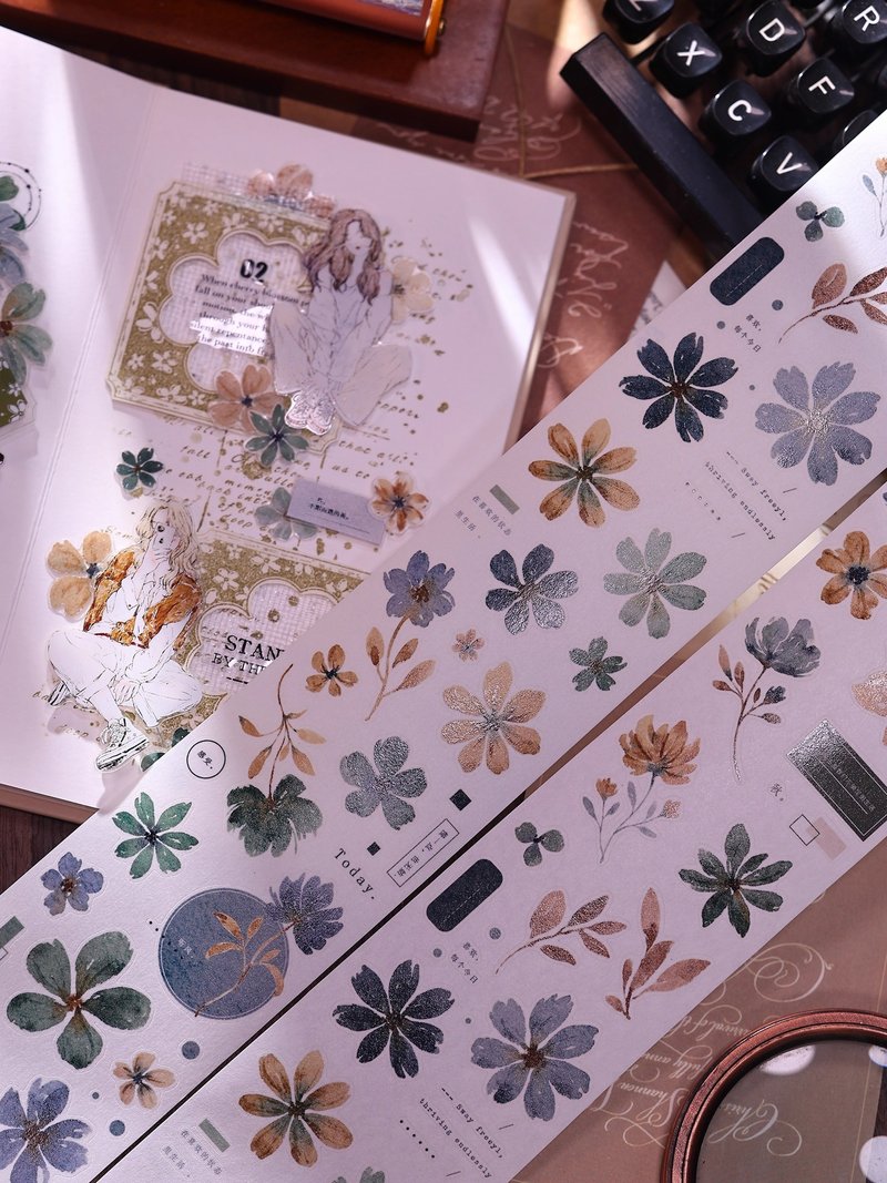青書 輕復古鹽系藍綠小花卉和紙PET切模手帳貼膠帶 - 紙膠帶/和紙/PET - 其他材質 多色