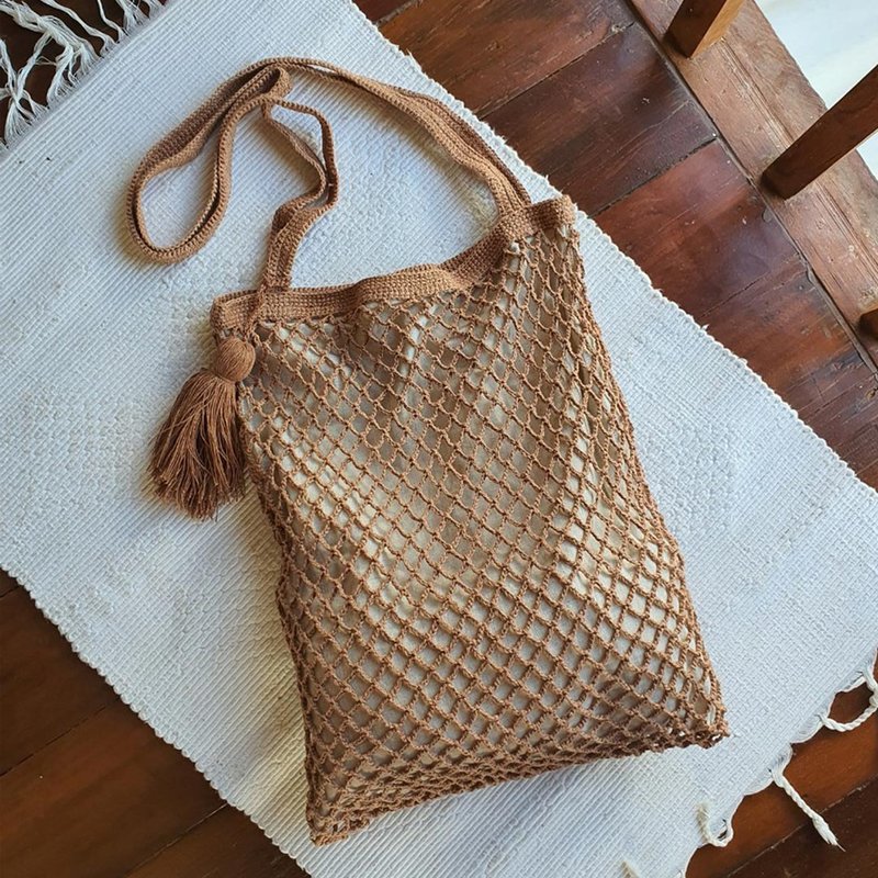 Natural Dyed Cotton Hemp Tote Bag, Net Tote, Brown - 側背包/斜背包 - 棉．麻 咖啡色