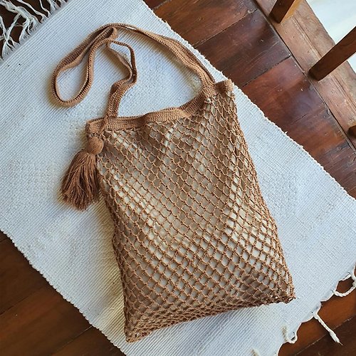 ChiangmaiCotton Natural Dyed Cotton Hemp Tote Bag, Net Tote, Brown