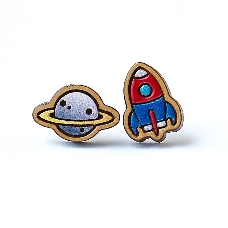 Painted  wood earrings-Planet & Rocket (silver planet) - ต่างหู - ไม้ สีเงิน