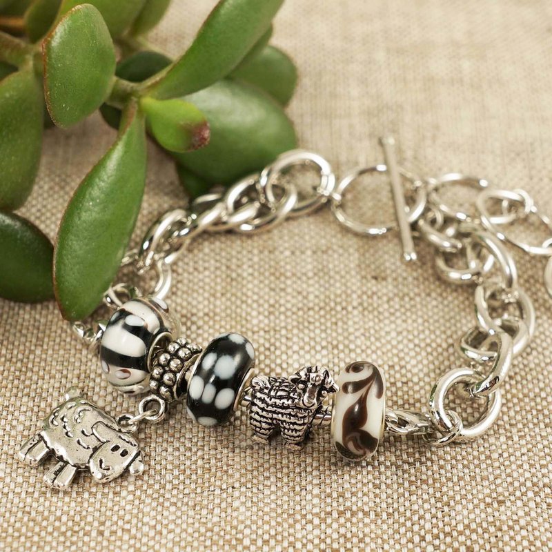 Sheep Aries Black White Lampwork Glass Silver Chain Euro Charm Bracelet Jewelry - 手鍊/手環 - 玻璃 黑色