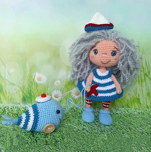 Knittedtoysworld little doll for a girl, A little doll dressed as a sailor