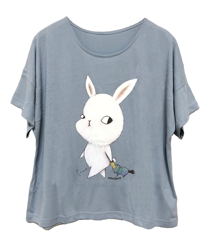 emmaAparty插畫T:散步兔(五分袖) - T 恤 - 棉．麻 藍色