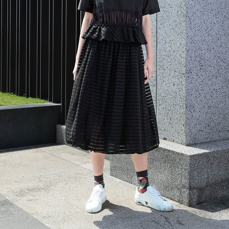 See-through striped elastic bud skirt - Skirts - Cotton & Hemp Black
