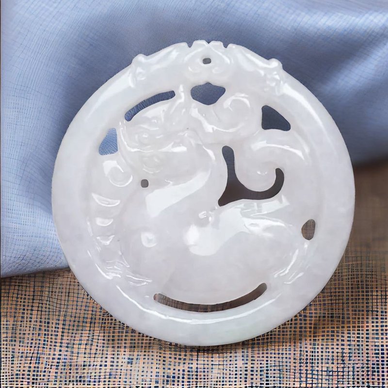 白翡翡翠螭龍項鍊 | 天然緬甸玉A貨翡翠 | 送禮 - 項鍊 - 玉石 白色