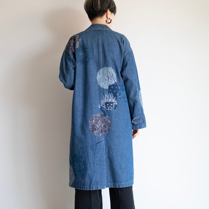 ビンテージデニムチェスターコート　手描き・唐獅子牡丹 - 女大衣/外套 - 棉．麻 藍色
