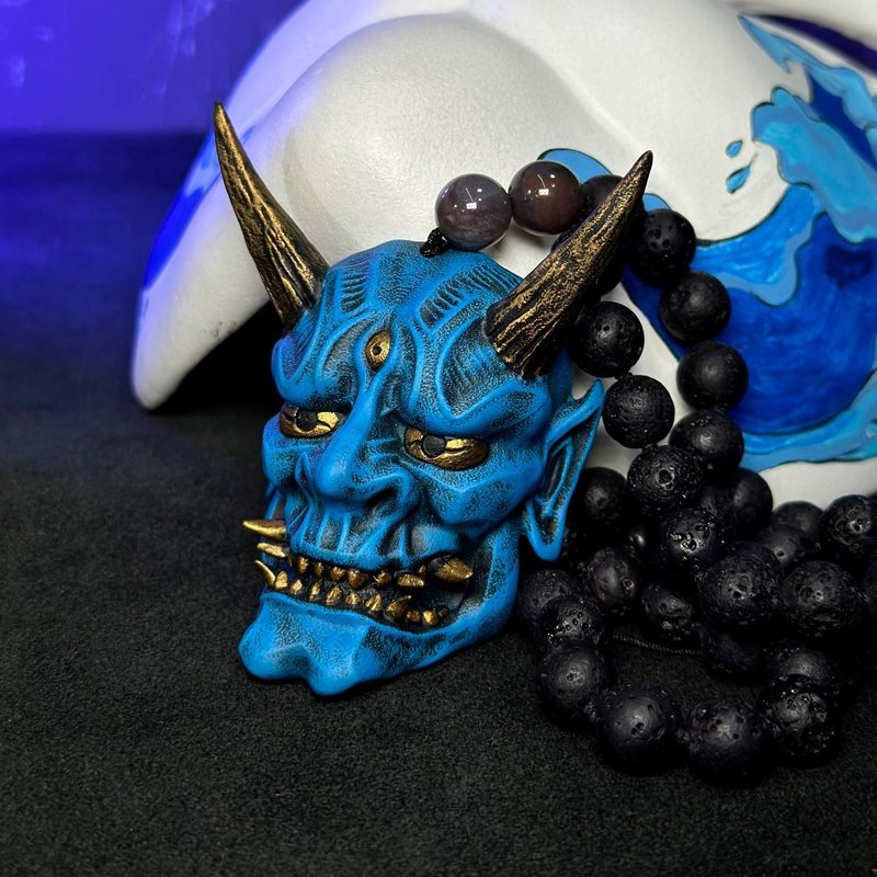 Mini Oni mask Pendant - 項鍊 - 樹脂 藍色