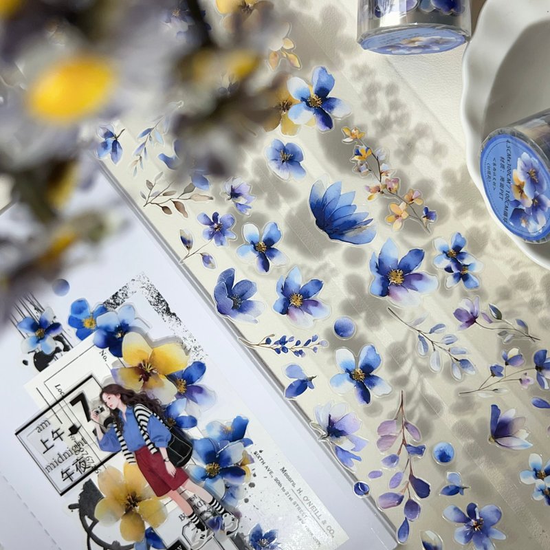 藍紫漫染 PET切模手帳貼紙膠帶 水彩小碎花手帳裝潢藝文清新拼貼 - 紙膠帶/和紙/PET - 其他材質 