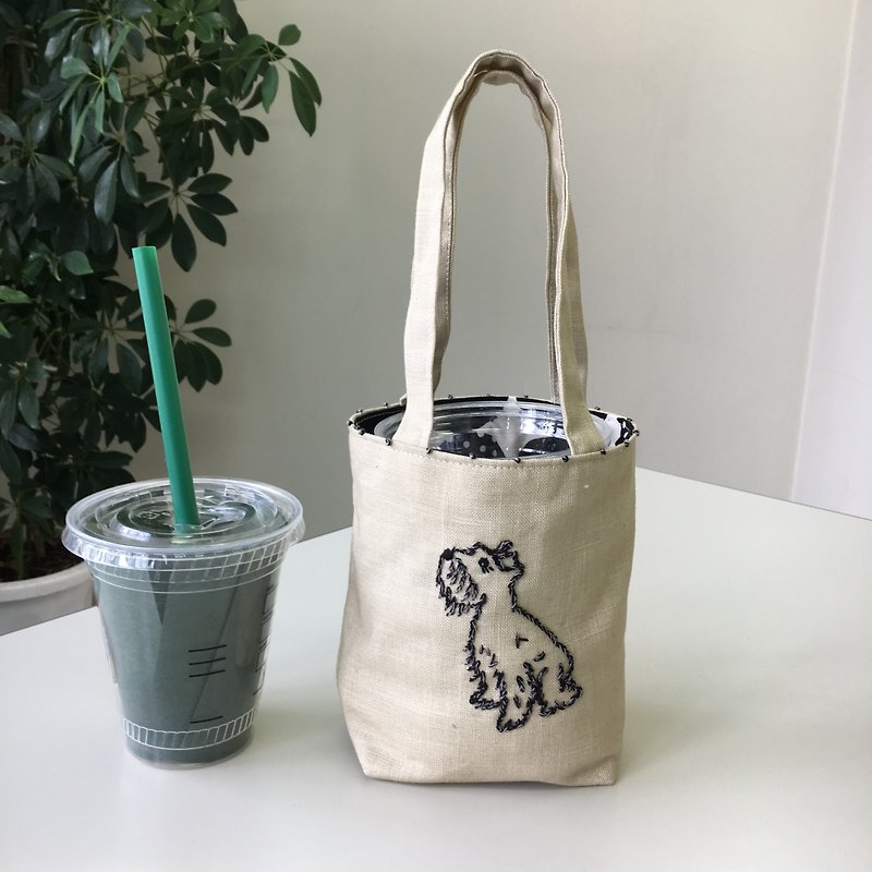 Cafe bag Schnauzer Minitoto - กระเป๋าถือ - ผ้าฝ้าย/ผ้าลินิน สีกากี