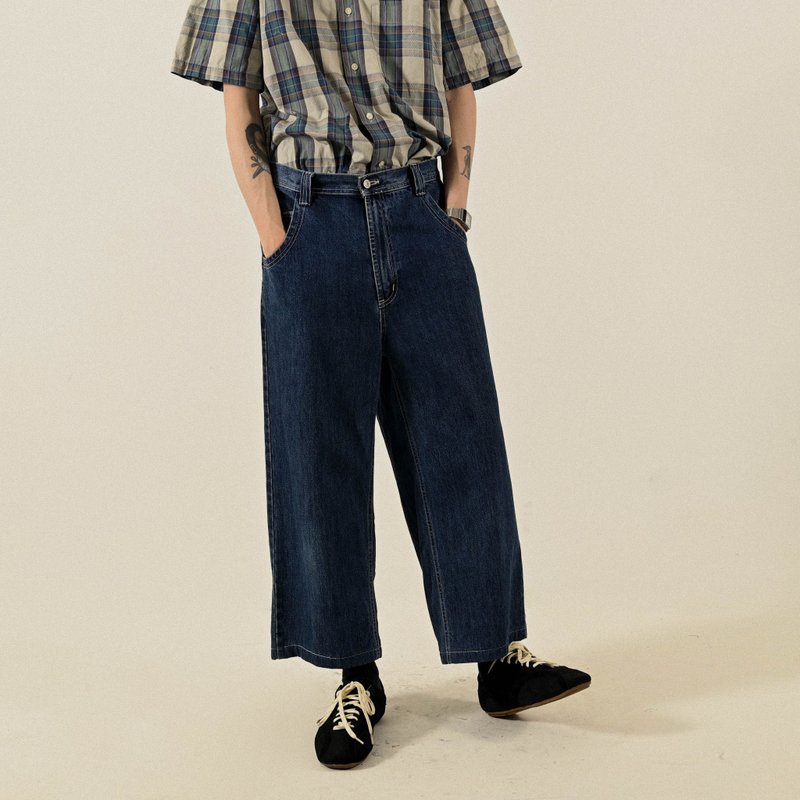 【NaSuBi Vintage】寬鬆輪廓低檔設計牛仔古著長褲 - 男長褲/休閒褲 - 棉．麻 藍色