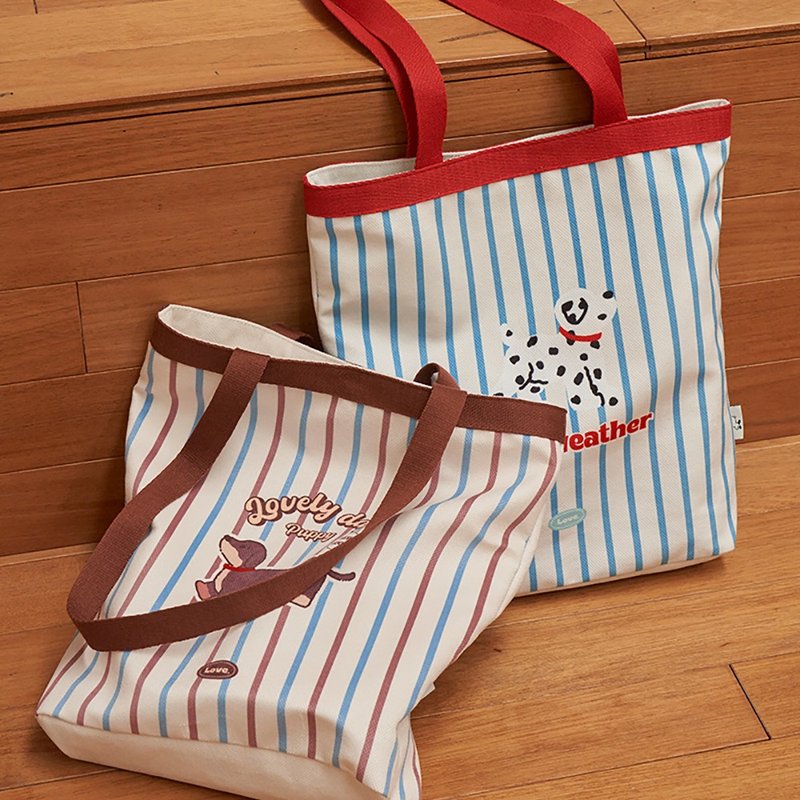 Striped puppy canvas bag cute portable shoulder bag handbag daily commuter bag - กระเป๋าแมสเซนเจอร์ - เส้นใยสังเคราะห์ 