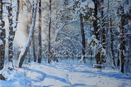 GalleryPaintingsArt Original Oil Painting Winter Woodland Snow Scene Canvas Winter Landscape Wall Ar