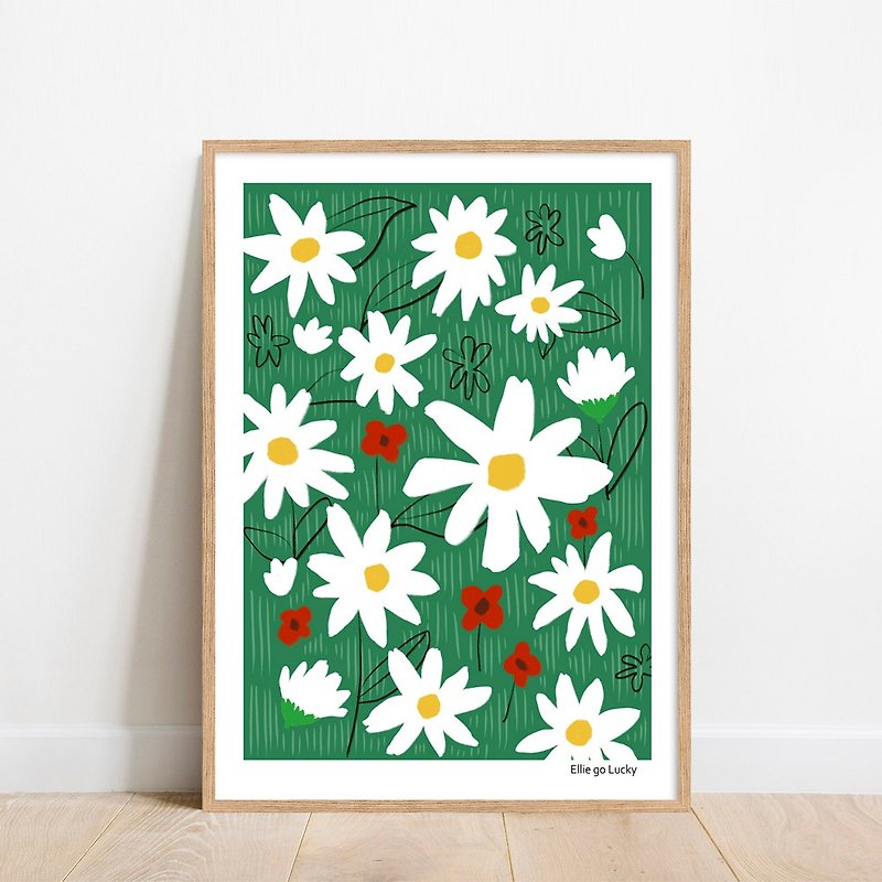 Art print / Daisy Flowers / Illustration poster A3 A2 - โปสเตอร์ - กระดาษ สีเขียว