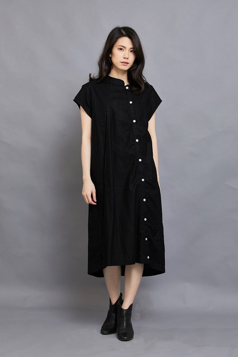 竹林短袖襯衫洋裝_炭黑菱紋_公平貿易 - 洋裝/連身裙 - 棉．麻 