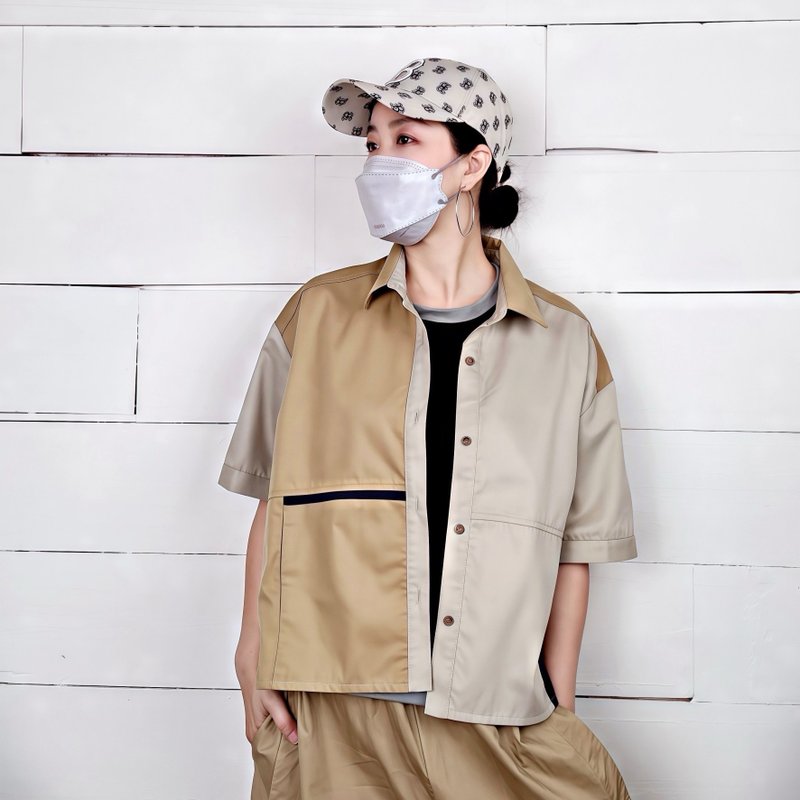 Khaki contrast patchwork shirt #T1340 - เสื้อเชิ้ตผู้หญิง - ผ้าฝ้าย/ผ้าลินิน สีกากี