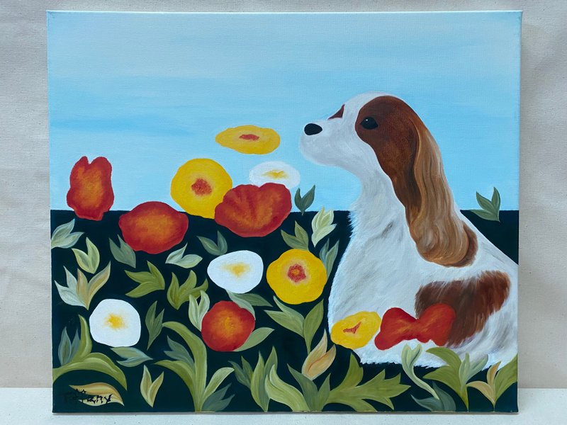 Customized/King Charles Beagle and Poppy/Oil Painting/Art Decoration - โปสเตอร์ - ลินิน 