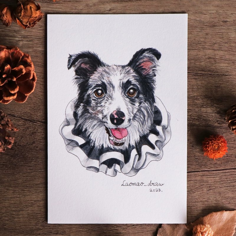 Watercolor illustration original drawing dog head portrait 4X6 6 inches 1008 Silver dog and ruff collar - Posters - Paper 