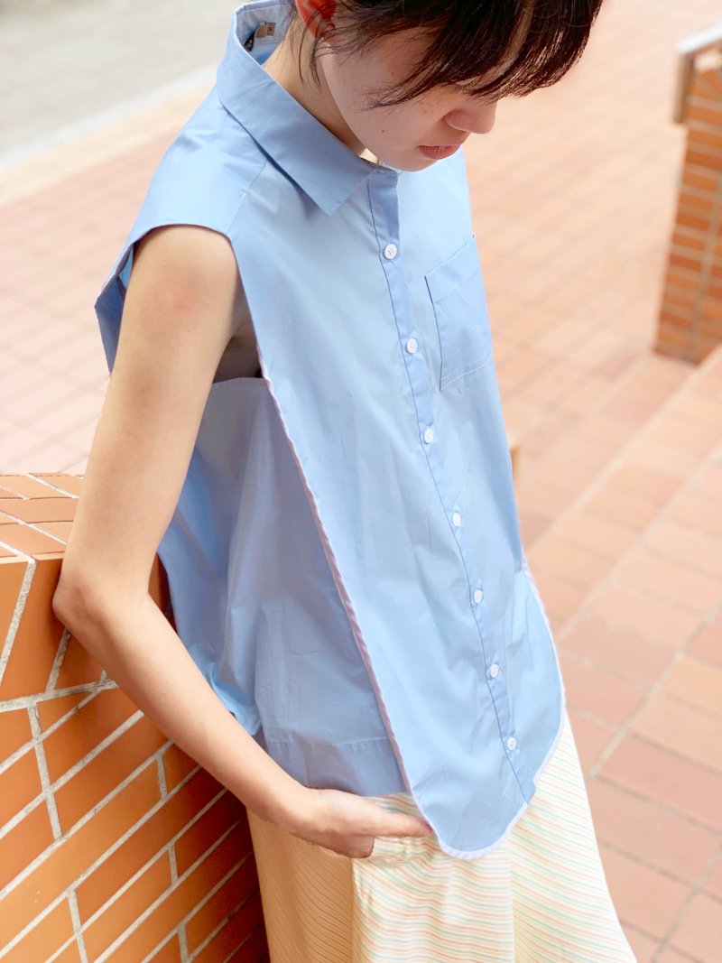 UUIN _ Sleeveless shirt with webbing trim - เสื้อผู้หญิง - ผ้าฝ้าย/ผ้าลินิน สีน้ำเงิน