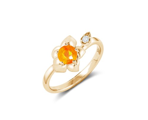 Majade Jewelry Design 火歐泊14k黃金鑽石訂婚戒指 非傳統蘭花結婚戒指 大自然花卉戒指