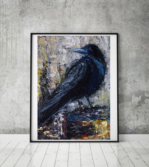 原画 アート 絵画 画家 クレパス画 鳥 カラス 動物 ファンタジー
