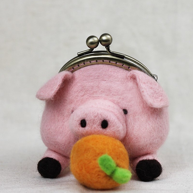 Pig eats big orange wool felt gold bag (hand-made DIY) Christmas gift (with video tutorial) - Knitting, Embroidery, Felted Wool & Sewing - Wool Pink