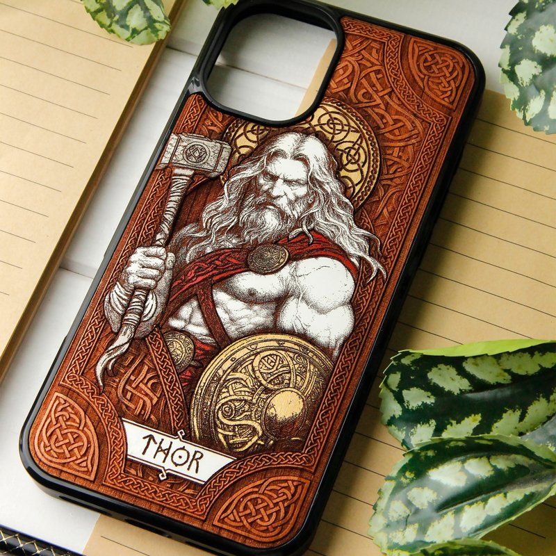 Thor -  Phone case wood laser engraved + hand painting - 手機殼/手機套 - 木頭 咖啡色