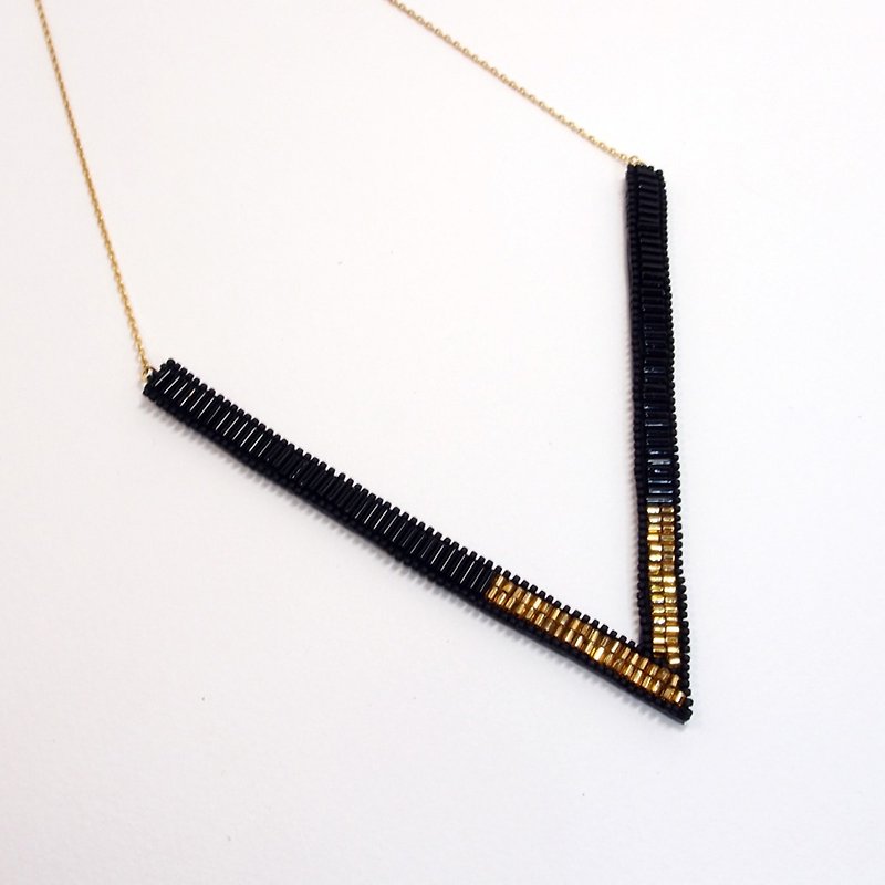 Deep V Embroidery Necklace / Black & Gold - Necklaces - Thread Black