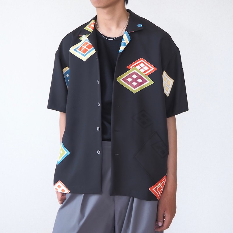 【日本製】UMUI BLACK LABEL, black Kimono mens shirts, open collar shirts, gift - Men's Shirts - Silk Black