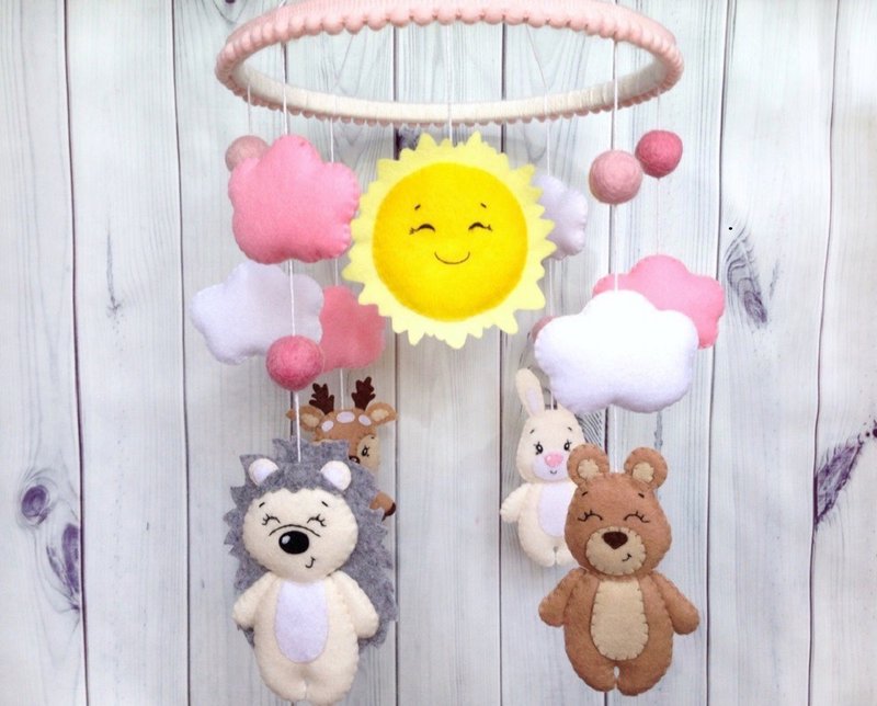 Pink Baby Girl Crib Mobile, Felt Animals Hedgehog, Deer, Bear, Bunny Rabbit, Sun - Kids' Toys - Eco-Friendly Materials Pink