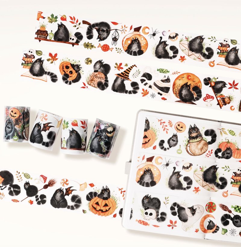 貓與南瓜燈 貓與幽靈夜 PET 和紙膠帶 5米卷 - 紙膠帶/和紙/PET - 紙 多色