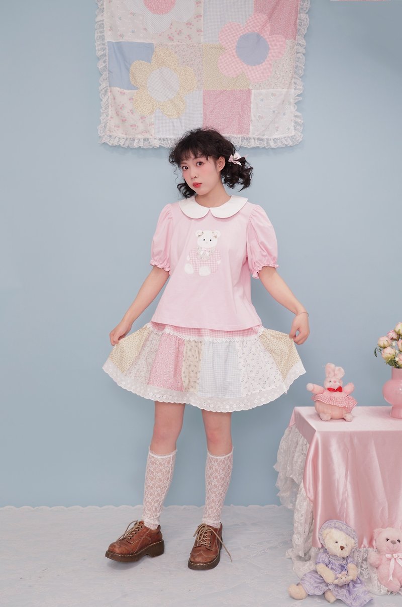 Sweet Girl Floral Plaid Patchwork Lace Skirt - กระโปรง - วัสดุอื่นๆ สึชมพู