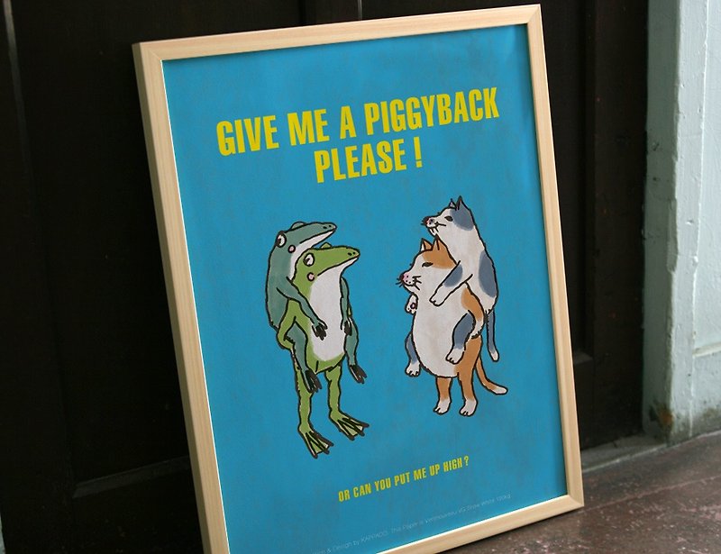 Poster cat and frog piggyback ride - โปสเตอร์ - กระดาษ สีน้ำเงิน
