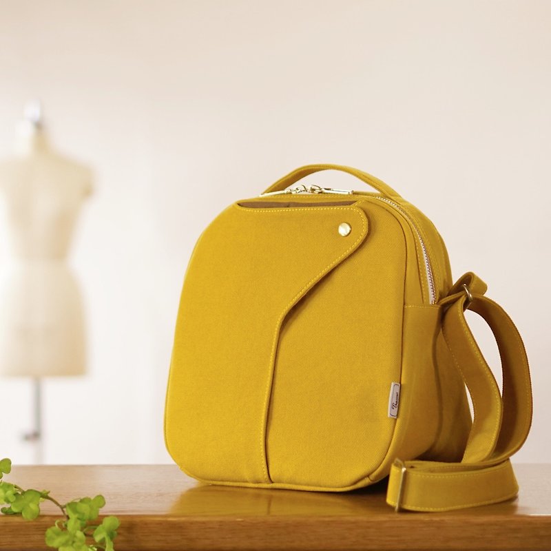 Chocolate / Mustard Yellow x Brown Beige [Made to Order] Trocco Canvas Bag - กระเป๋าแมสเซนเจอร์ - ผ้าฝ้าย/ผ้าลินิน สีเหลือง