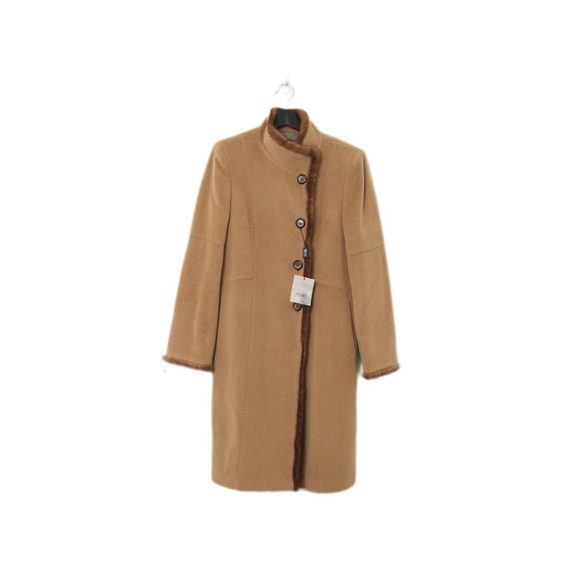 Back to Green - Autumn/Winter Coat, High Neck, Khaki, Fringed, A-01/vintage - เสื้อแจ็คเก็ต - ขนแกะ 