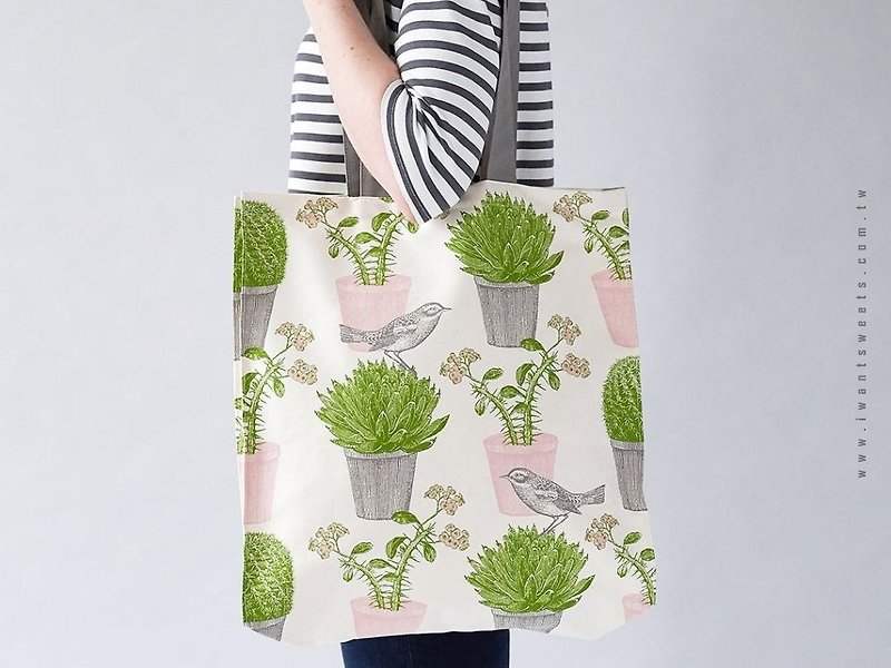 [British Candy House] T&P Large Capacity Tote Bag-Cactus and Bird - Other - Other Materials Green