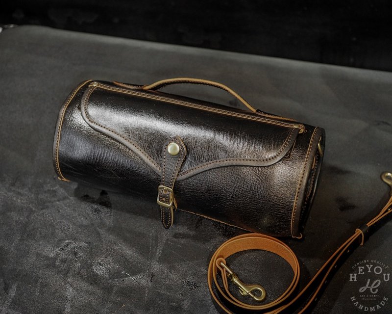 3-way Leather Drum Bag 手提/肩背/側掛三用隨身圓筒包茶芯黑 - 側背包/斜背包 - 真皮 多色