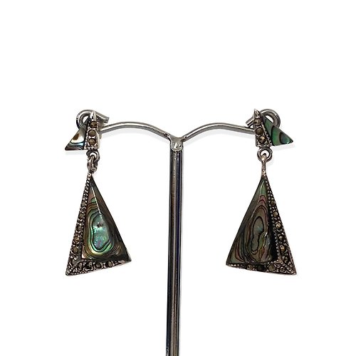 alisadesigns Art Deco Style Triangle Paua Shell & Marcasite Earrings/Set 925 Sterling Silver