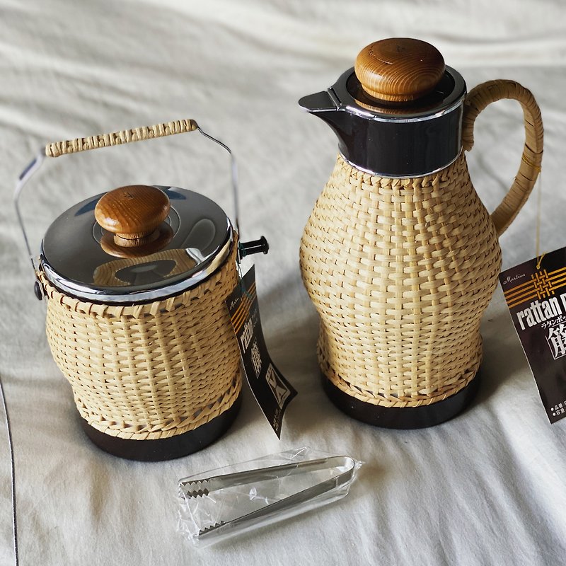 日本昭和 手工藤編水壺 咖啡壺 魔法瓶 保溫壺 - 保溫瓶/保溫杯 - 其他材質 卡其色
