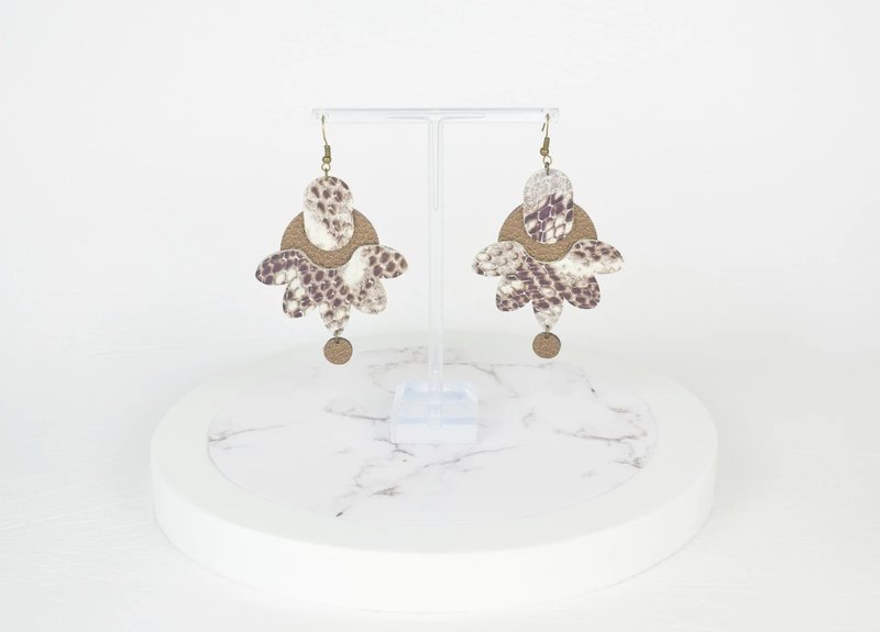 Statement Earrings in Snake Print Bronze & Brown Genuine Recycled Leather - ต่างหู - หนังแท้ สีทอง