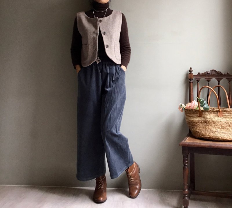 British holiday/gray-blue thick-striped corduroy 9-point pants - กางเกงขายาว - ผ้าฝ้าย/ผ้าลินิน 