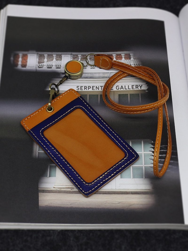 Vintage Colorblock Vegetable Tanned Leather Neck Strap Retractable ID Sleeve Hand Work Can Lettering - ที่ใส่บัตรคล้องคอ - หนังแท้ 