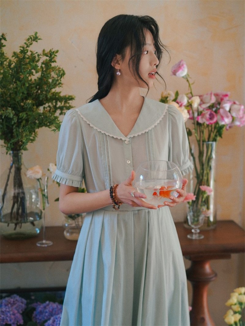 Fresh green mint mambo literary fresh lapel dress half placket shirt skirt - ชุดเดรส - ไฟเบอร์อื่นๆ สีเขียว