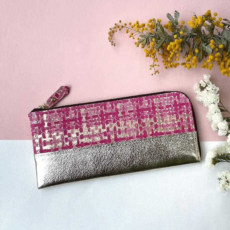 Tweed pattern slim long wallet L-shaped pink - Wallets - Genuine Leather Pink
