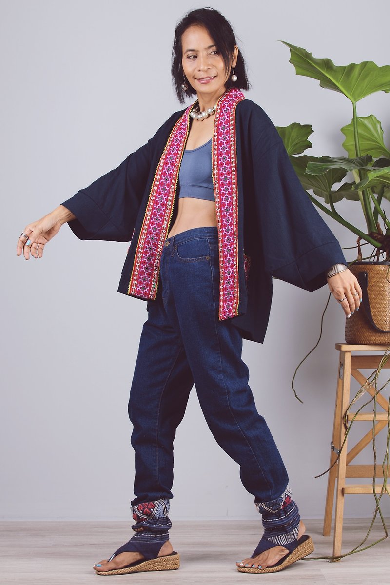 Kimono Jacket, Cotton hemp kimono top, Bohemian Chic Vest , vintage hemp - 女大衣/外套 - 棉．麻 藍色