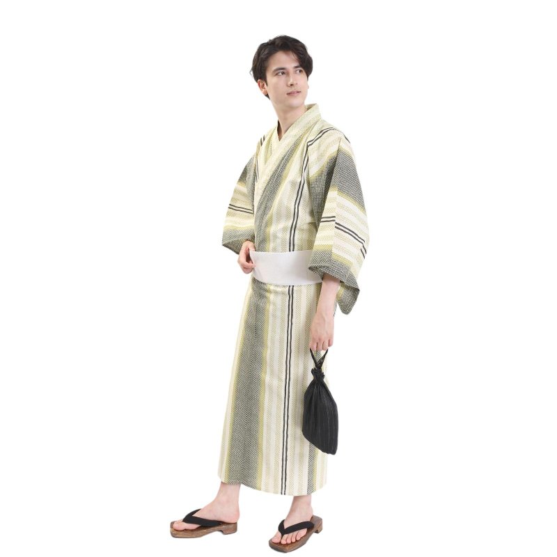 Men's cotton yukata belt 2-piece set SML size Z32-07C yukata - Other - Cotton & Hemp White