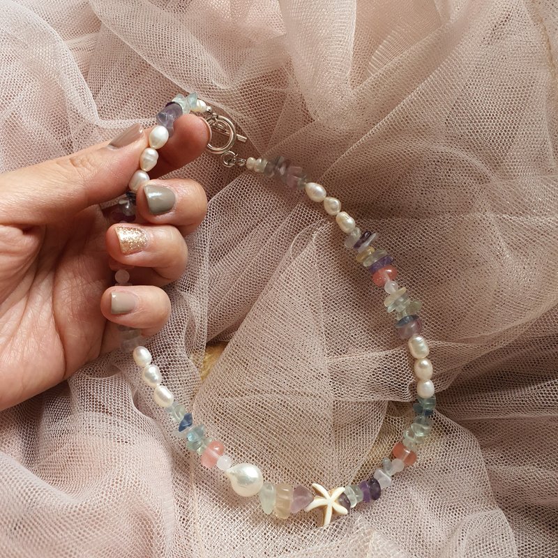 Fluorite Necklace With Freshwater Pear| Colorful Choker | Free Gift Wrap - 項鍊 - 寶石 多色