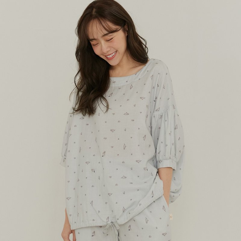 完售】二重紗印花寬版公主袖居家服套裝-霧藍灰-膠原蛋白紗 - 睡衣/居家服 - 棉．麻 灰色