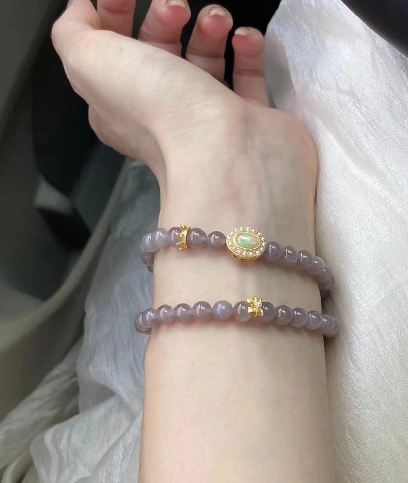 Natural Hotan Jade/Khotan Jade-Smoke Purple Jade Opal Inlaid Sterling Silver Crown Design Double Circle Bracelet Bracelet - สร้อยข้อมือ - เครื่องเพชรพลอย สีม่วง