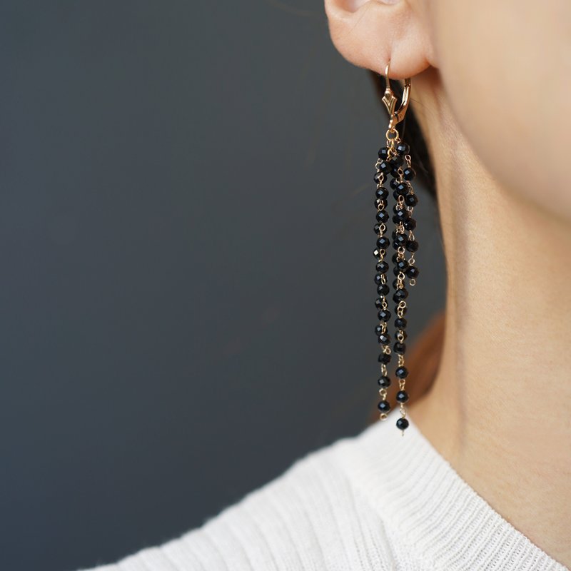 14kgf Onyx Shower French Hook Earrings - ต่างหู - ไข่มุก สีดำ