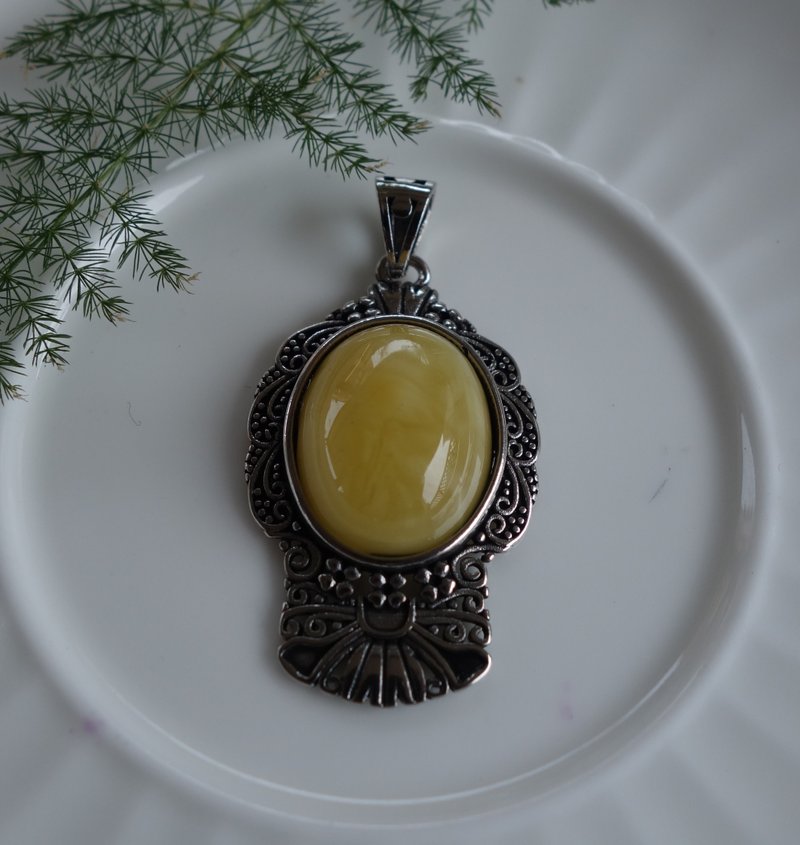 Amber 琥珀 天然波羅的海白花蜜蠟 吊墜 非二代琥珀 母親節送禮 - 頸鏈 - 半寶石 黃色